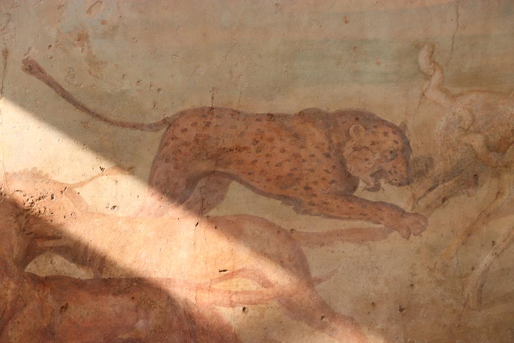 I.6.15 Pompeii. October 2023. Room 9, detail of leopard from hunt painting on north wall. Photo courtesy of Klaus Heese.