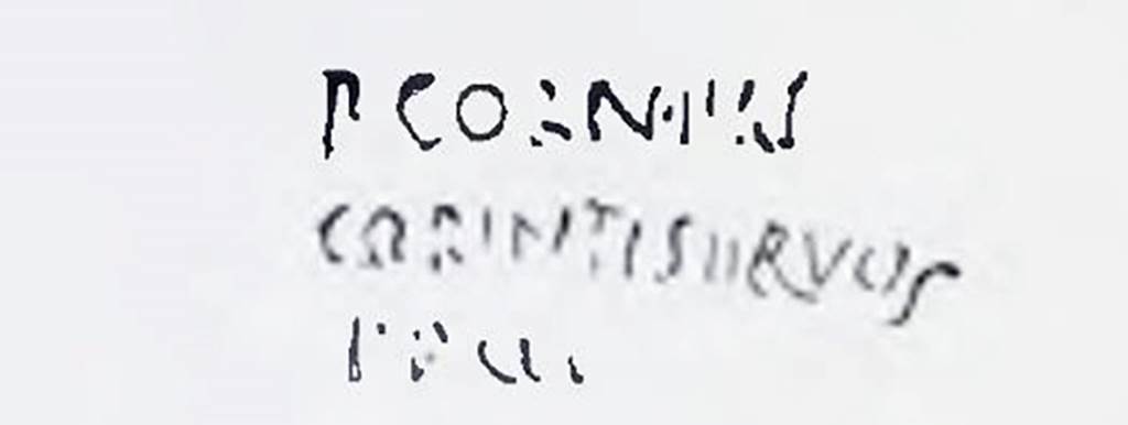 I.7.2 Pompeii. Drawing of inscription written below the handle in the fresh clay on the terracotta vase.
In NdS 1927 Maiuri interpreted this as
"P. Corneli Corinti servos fecit"
See Spinazzola, V. Pompei, alla luce degli Scavi Nuovi di Via dell’Abbondanza (Anni 1910-1923), Vol.2, (p.687, fig.651).
See Notizie degli Scavi di Antichità, 1927, (p. 12).
See also I.7.4
