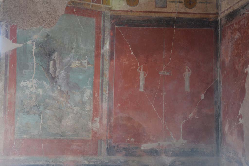 I.7.7 Pompeii. December 2006. Detail of wall painting on side (west) panel on south wall of triclinium. 