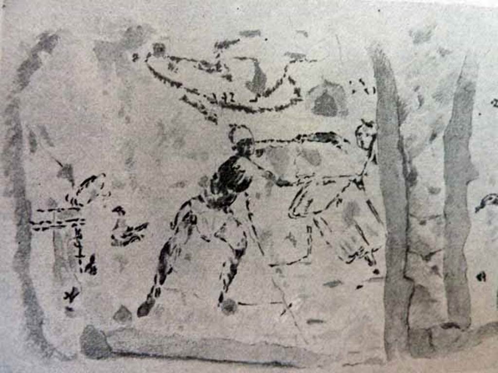 I.7.7 Pompeii. Detail from ancient combat wall painting. At the left end is a structure which may possibly be an altar. Duel between two dismounted gladiators (possibly Samnites) armed with swords and rectangular shields.
There are undecipherable Oscan inscriptions above their heads.
