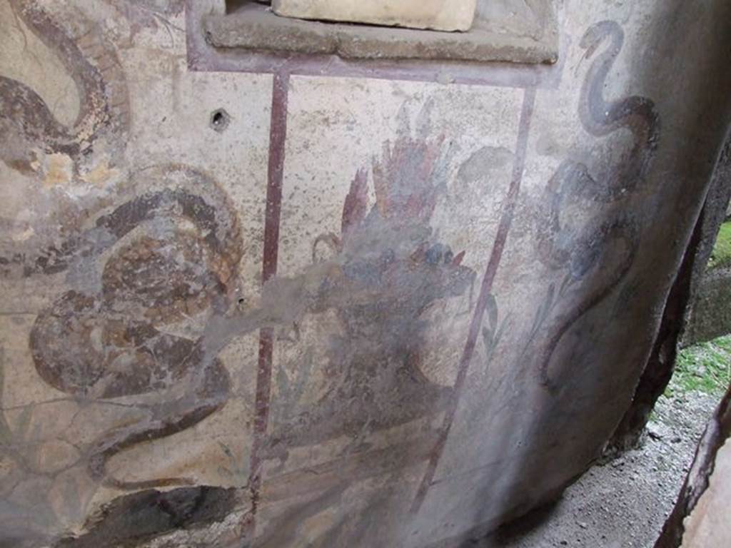 I.7.11 Pompeii. December 2006. Lararium painted flaming altar in the form of a metal brazier, with serpent on either side.