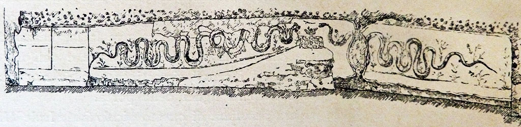 I.8.1 Pompeii. Drawing of street altar on west exterior side wall.
Maiuri recorded a large masonry compital altar, the biggest yet found, with a long ramp. 
At the summit of the ramp was a rectangular altar with roughly painted marble decoration.
At the sides of the altar were two long serpents winding amongst plants towards the offerings on the altar.
The low podium to the left had two painted panels on the upper margins of which were discernible the characters of a painted inscription.
Very little was conserved.
See Maiuri, A., 1928. Nuovi Scavi nella Via dell’Abbondanza. Milano: Hoepli. (p. 6, fig. 2).

