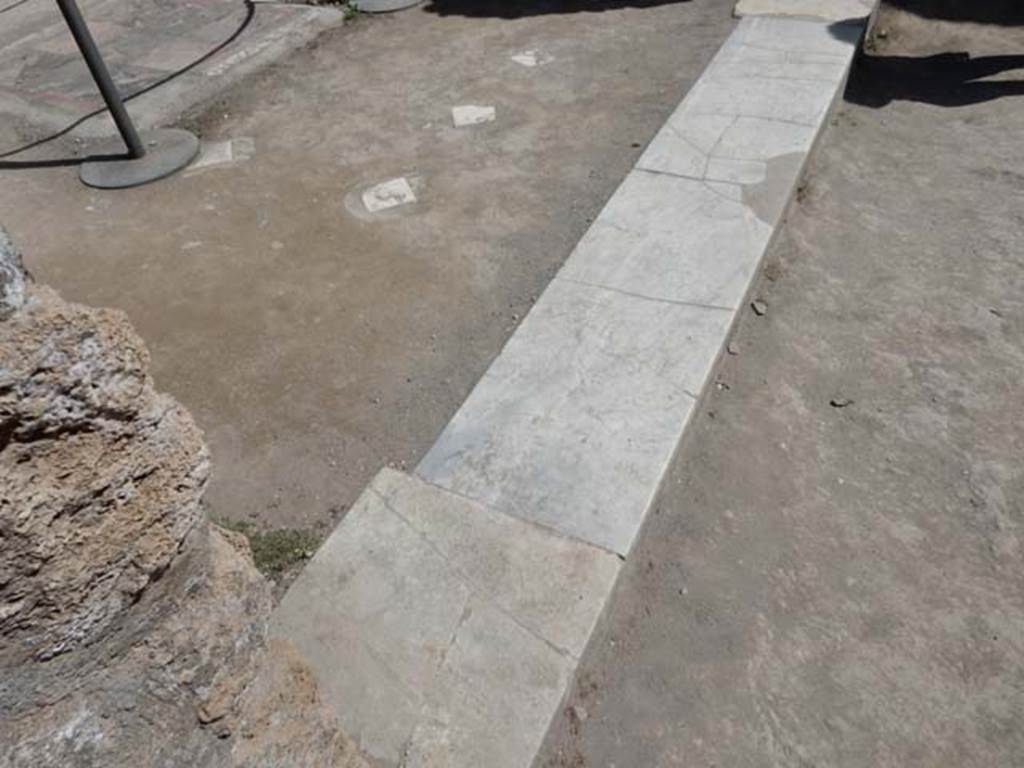 I.8.9 Pompeii. May 2015.  Room 2, marble threshold dividing room 2, the oecus with white marble diamond shapes set in its floor, and room 1, the atrium. Photo courtesy of Buzz Ferebee.
