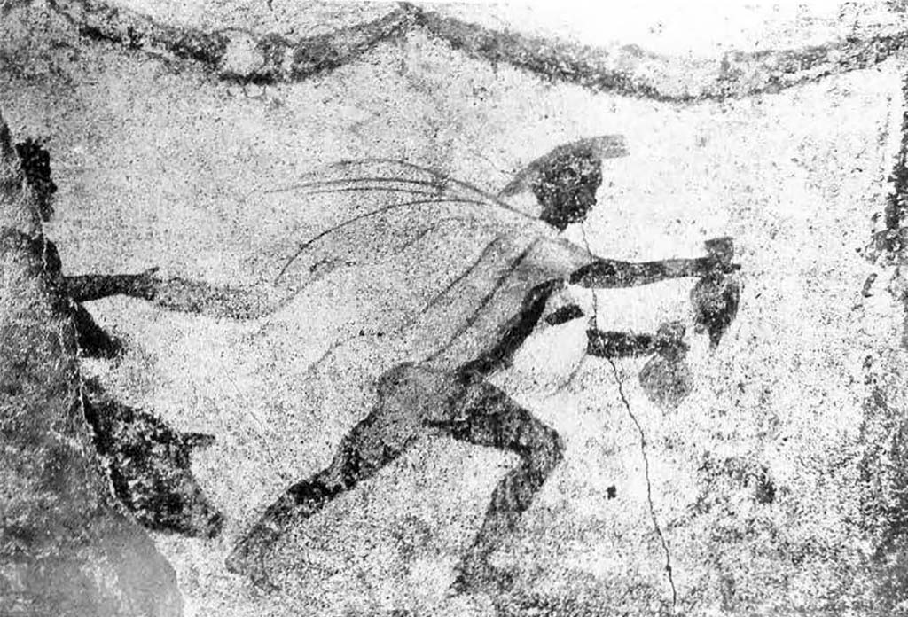 1.9.1 Pompeii. 1912. East wall of vestibule, with remains of wall painting of Mercury and Hercules. 
According to Fröhlich, Hercules stands to the left, with his right arm outstretched.
Under the arm the front part of a pig was still just visible.
In the right of the painting is Mercury in short white tunic and cloak, winged helmet and ankles.
He is rushing to the right, his arms outstretched and holding two purses one in each hand.
In the missing left section was possibly Bacchus.
See Fröhlich, T., 1991. Lararien und Fassadenbilder in den Vesuvstädten. Mainz: von Zabern. (F6, and Photo 52,1).
According to Spinazzola this was a Triad which also included Bacchus (lost).
See Spinazzola V., 1953. Pompei alla luce degli Scavi Nuovi di Via dell’Abbondanza (anni 1910-1923): Vol. I. Roma: La Libreria della Stato, p.168-9.

