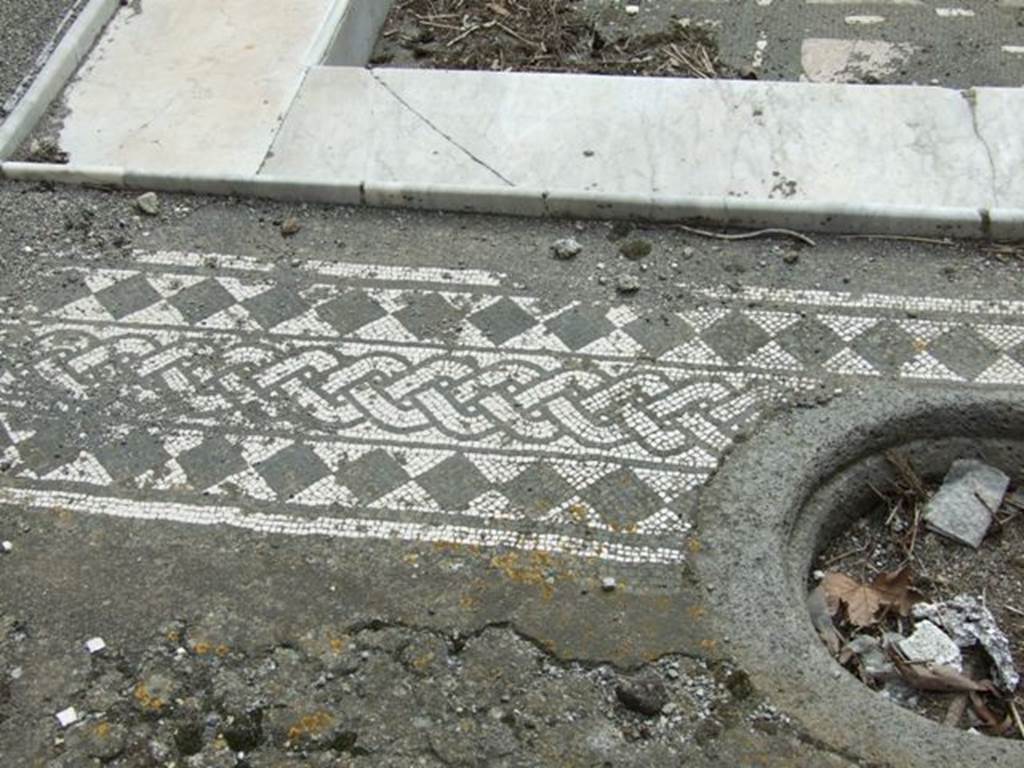 .9.1 Pompeii. March 2009. Room 2, atrium, external border showing beautiful mosaic and marble impluvium.
The external border featured a black and white mosaic “braid” between two bands of black squares set in a white mosaic.
.