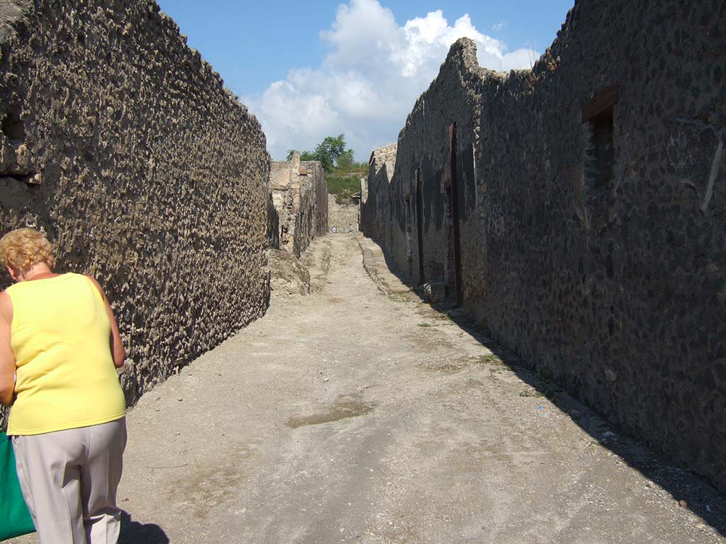 I.9.11 Pompeii, side wall, on left. September 2005.       Unnamed Vicolo looking north.                        I.11, on right.