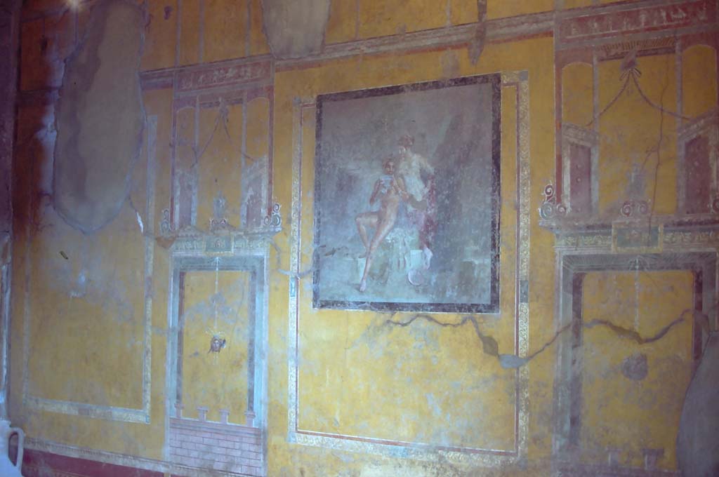 I.10.4 Pompeii, 7th August 1976. Room 19, wall painting in centre of south wall. 
Photo courtesy of Rick Bauer, from Dr George Fay’s slides collection.

