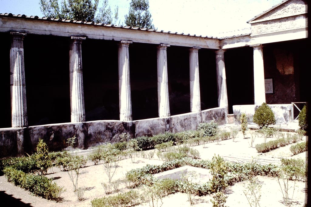 I.10.4 Pompeii. 1966. Painted pluteus on west side of peristyle garden, looking north-west. Photo by Stanley A. Jashemski.
Source: The Wilhelmina and Stanley A. Jashemski archive in the University of Maryland Library, Special Collections (See collection page) and made available under the Creative Commons Attribution-Non-Commercial License v.4. See Licence and use details.
J66f0415
