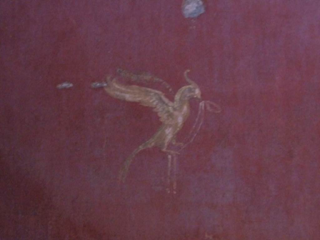 I.10.11 Pompeii. March 2009. Room 9, north end of east wall of cubiculum.    
Painting of a bird with a ribbon in its beak.  See Bragantini, de Vos, Badoni, 1981. Pitture e Pavimenti di Pompei, Parte 1. Rome: ICCD. (p.141).
