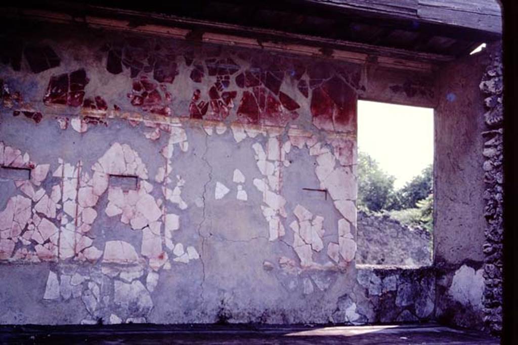 I.10.18 Pompeii. 1980 or 1983. East wall with window in room on upper floor.  
The zoccolo was black and sprinkled with red, the middle zone had red panels separated by narrow black compartments, containing small paintings (removed), and the upper zone of the wall was red.
Source: The Wilhelmina and Stanley A. Jashemski archive in the University of Maryland Library, Special Collections (See collection page) and made available under the Creative Commons Attribution-Non Commercial License v.4. See Licence and use details. J80f0561
