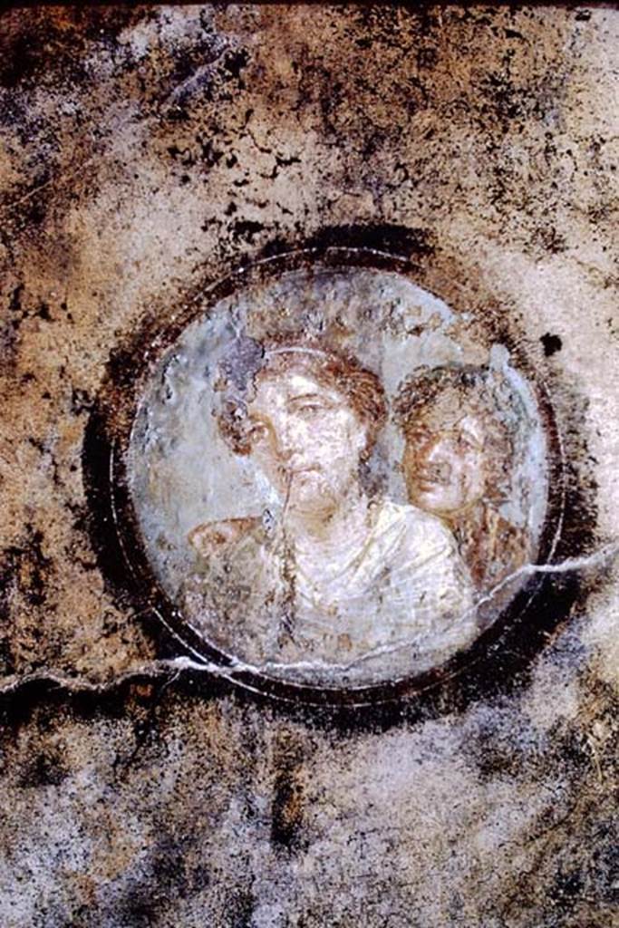 I.11.15 Pompeii. 1968. Room 18, painted medallion portrait of woman and adolescent from west end of north wall. Photo by Stanley A. Jashemski.
Source: The Wilhelmina and Stanley A. Jashemski archive in the University of Maryland Library, Special Collections (See collection page) and made available under the Creative Commons Attribution-Non Commercial License v.4. See Licence and use details.
J68f1294
