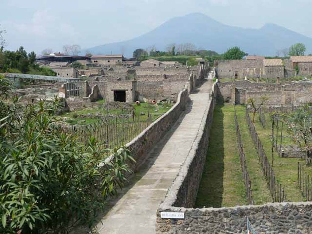I.22.3 Pompeii. May 2010.  Looking north along roadway, with the rear of I.22.3 visible on the left of the roadway