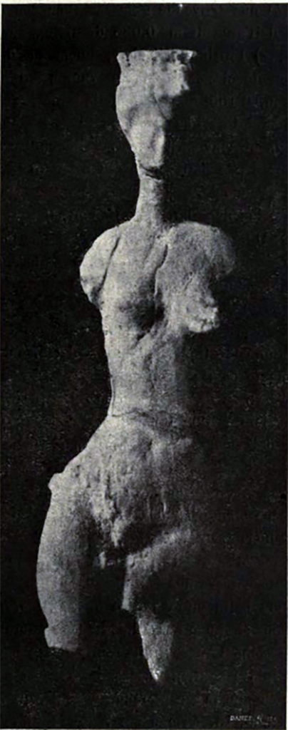 II.1.1 Pompeii. 1917. 
Pseudo-alabaster statuette of Venus found in fragments below the lararium niche.
It was of very rough workmanship but had been gilded originally. 
See Notizie degli Scavi di Antichità, 1917, p. 251-3, fig. 6.
