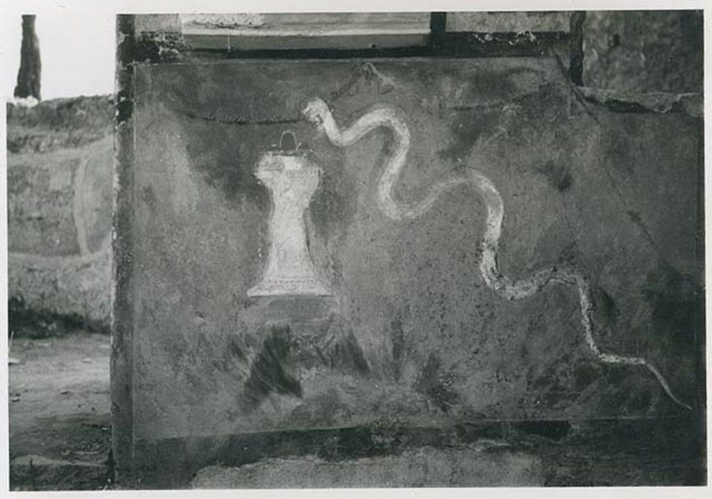 II.1.9 Pompeii. 1954. Lararium with stucco serpent and altar. Below the niche was a painting of a garden with a stucco altar and stucco crested serpent. Photo courtesy of Rick Bauer.
