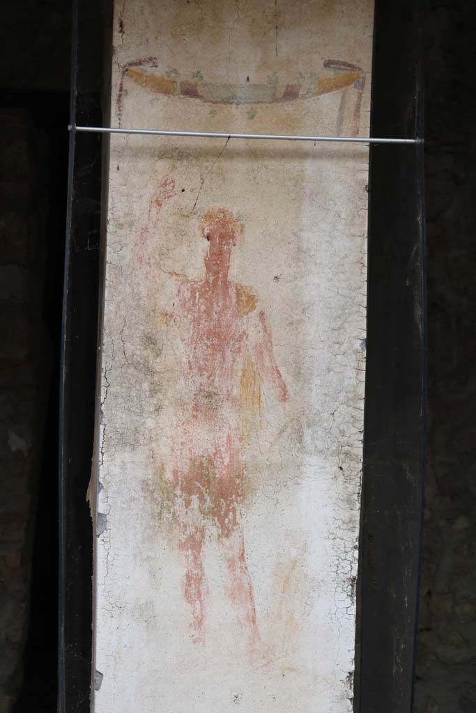 II.9.1 Pompeii. December 2018.  
Detail of painting of Bacchus on south face of column on the north side of the triclinium 8.
Photo courtesy of Aude Durand.
Kuivalainen comments –
“A young half-naked Bacchus wearing a cloak is teasing a panther with a bunch of grapes. The large painting is very exceptional on a garden pillar. The strong jaw line is also seen in some Republican coins.”
See Kuivalainen, I., 2021. The Portrayal of Pompeian Bacchus. Commentationes Humanarum Litterarum 140. Helsinki: Finnish Society of Sciences and Letters, (p.115, C15).

