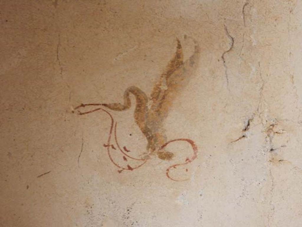 II.9.3, Pompeii. May 2018. Room 11, detail of painted winged creature from east wall in north-east corner. 
Photo courtesy of Buzz Ferebee. 

