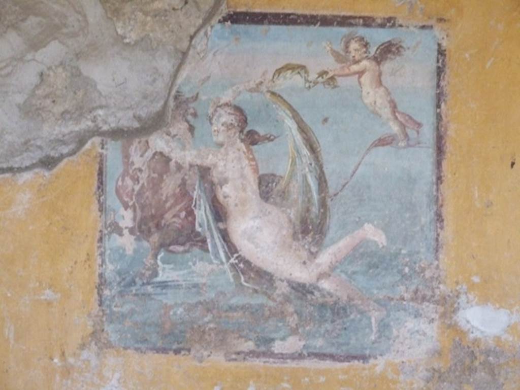 II.9.4 Pompeii. December 2007. Room 8, wall painting of Europa and the Bull on west wall of oecus. 
