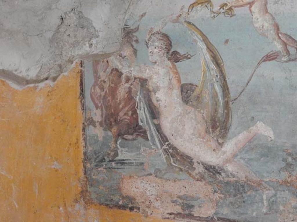 II.9.4, Pompeii. May 2018. Room 8, detail of Europa from central painting on west wall.
Photo courtesy of Buzz Ferebee. 
