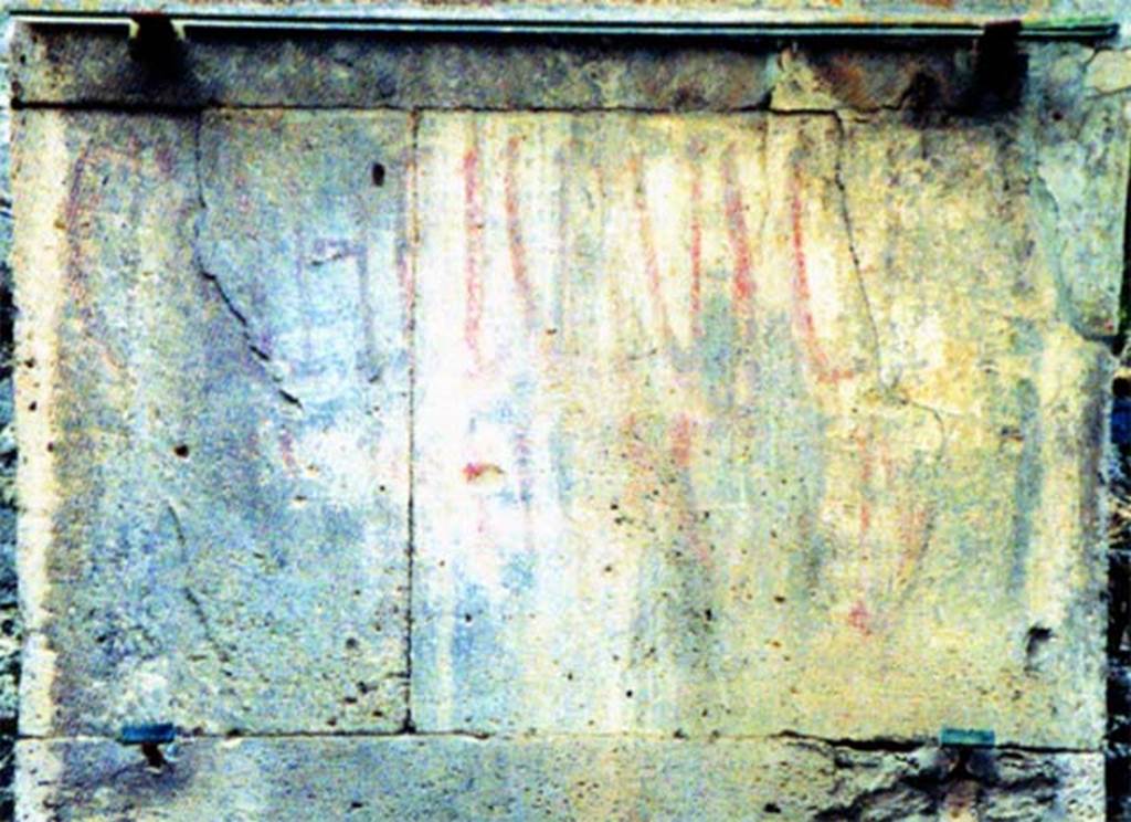 III.3.1 Pompeii. Graffiti or inscription on west pilaster. 
According to Varone and Stefani, this faded painted graffito was CIL IV 7638. 

Cn(aeum)   Helvium  
Sabinum  aed(ilem) 
v(os!)  o(ro)  f(aciatis)      [CIL IV 7638]

They add the note that V O F as found in 7638 (and not O V F as is usually found) was also found in CIL IV 7889 in a different place.

Also on the same pilaster was CIL IV 7640.

[M(arcum)  Licinium]  Romanu[m]      [CIL IV 7640]

See Epigraphik-Datenbank Clauss/Slaby (www.manfredclauss.de).
