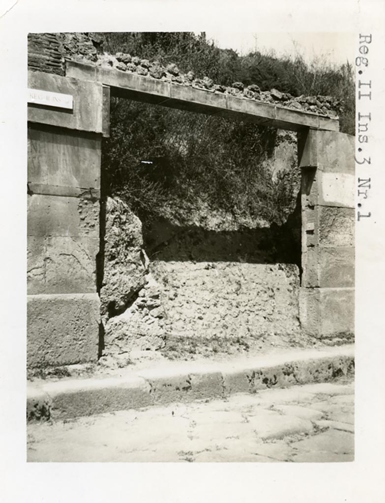 III.3.1 Pompeii but shown as II.3.1 on photo. Pre-1937-39. 
Looking towards entrance on north side of Via dell’Abbondanza.
The carbonised wood lintel can be seen under the glass spanning the entrance.
Photo courtesy of American Academy in Rome, Photographic Archive. Warsher collection no. 1877.

According to Varone and Stefani, on the right pilaster, between III.3.1 and III.3.2 would have been CIL IV 7642 and 7643, which are not conserved.

N(umerium) P(opidium) R(ufum) IIvir(um) 
vicini  rog(ant)      [CIL IV 7642]

A(ulum) Suettium Verum 
aed(ilem) o(ro) v(os) f(aciatis) [3]ct() [3]us 
veterarius rogat       [CIL IV 7643]

Della Corte says that there are two recommendations written on the entrance:

[Ve]rum 
/
aed(ilem) 
Ticii[3] 
fac[it]        [CIL IV 7639 = Tigil(lus) fa[cit]]

A(ulum) Suettium Verum 
aed(ilem) o(ro) v(os) f(aciatis) [3]ct() [3]us 
veterarius rogat       [CIL IV 7643 = [Ti]gi[ll]us, Veterarius, rogat] 
(this has a note that Diehl, no.961 proposed the name as being Epictetus)

See Varone, A. and Stefani, G., 2009. Titulorum Pictorum Pompeianorum, Rome: L’Erma di Bretschneider, (p.242-244 with photos).
See Della Corte, M., 1965.  Case ed Abitanti di Pompei. Napoli: Fausto Fiorentino. (p. 350)
See Epigraphik-Datenbank Clauss/Slaby (www.manfredclauss.de).

