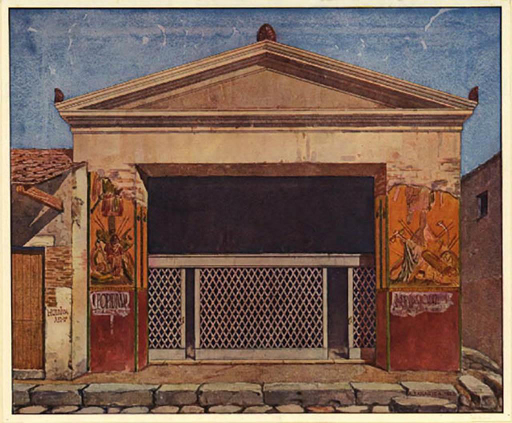 Drawing of façade of III.3.6 on Via dell’Abbondanza. 
The façade, partially destroyed in the bombing of 1943, had an unusual feature.
The wide doorway was closed by a low wooden wall of lattice-like construction (faithfully reconstructed).
There was a triangular pediment on the top. 

According to Varone and Stefani, on the pilaster to the west of the doorway, on the left of the photo, were found –
CIL IV 7654, 7655 and 7656, see below.
Under the trophy wall painting on the west side of the doorway was CIL IV 7657, see below.
Under the trophy wall painting on the east side of the doorway were CIL IV 7658, 7659 and 7660, see below.
None of these have been conserved.
See Varone, A. and Stefani, G., 2009. Titulorum Pictorum Pompeianorum, Rome: L’erma di Bretschneider, (p.246-251 with photos).

On the east (on the right) doorpost and on the exterior wall in the neighbouring vicolo, Della Corte also mentions
CIL IV 7665 and 7666. Under CIL IV 7666, he quoted another CIL IV 8841.
See Della Corte, M., 1965.  Case ed Abitanti di Pompei. Napoli: Fausto Fiorentino. (p.351-355).
See Varone, A., 2002. Erotica Pompeiana: Love Inscriptions on the Walls of Pompeii, Rome: L’erma di Bretschneider. (p.138, for description of CIL IV 8841).

According to Epigraphik-Datenbank Clauss/Slaby (See www.manfredclauss.de) these CIL IV’s read as -

L(ucium)  C(aecilium)  C(apellam)  d(ignum)  o(ro) v(os)  f(aciatis)      [CIL IV 7654]

L(ucium)  Popidium 
aed(ilem)  o(ro)  v(os)  f(aciatis)       [CIL IV 7655]

Popidium 
IIv[ir(um)  v(irum)]  b(onum)      [CIL IV 7656]

Popidium 
aedilem  v(iis)  a(edibus)  s(acris)  p(ublicis)  p(rocurandis)  d(ignum)  r(ei)  p(ublicae)  populus 
facit  et  rogat        [CIL IV 7657]

L(ucium)  Ceium  Secundum  IIvir(um) 
Scymnis  nec  sine  Trebio 
/ 
Infantio  scr(ipsit)       [CIL IV 7658]

Cn(aeum)  Helvium  Sabinum  aed(ilem)  o(ro)  v(os)  f(aciatis)       [CIL IV 7659]

A(ulum)  Suettium  Certum 
A(ulum)  Suettium  [Verum] 
o(ro)  v(os)  f(aciatis)       [CIL IV 7660]

L(ucium)  Popidium  L(uci)  f(ilium)  Ampliatum 
aed(ilem)  d(ignum)  r(ei)  p(ublicae)  coloniae  Pompeianae  o(ro)  v(os)  f(aciatis) 
Infanticulus  cum  sodalibus  rog(at)       [CIL IV 7665]

Epidium  Sabinum  aed(ilem) 
v(iis)  aed(ibus)  s(acris)  p(ublicis)  p(rocurandis)  o(ro)  v(os)  f(aciatis)  q(uaestor?)  Martialis      [CIL IV 7666]

Martialis  fellas  Proculum       [CIL IV 8841]
