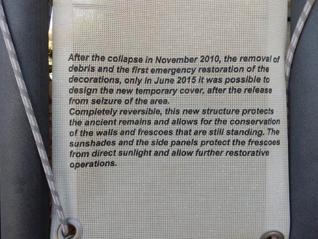 III.3.6 Pompeii. May 2018. Information display notice about restoration that started in June 2015 and the design of a new reversible cover that gives protection for the frescoes and walls and enables restoration to proceed. 
Photo courtesy of Buzz Ferebee.

