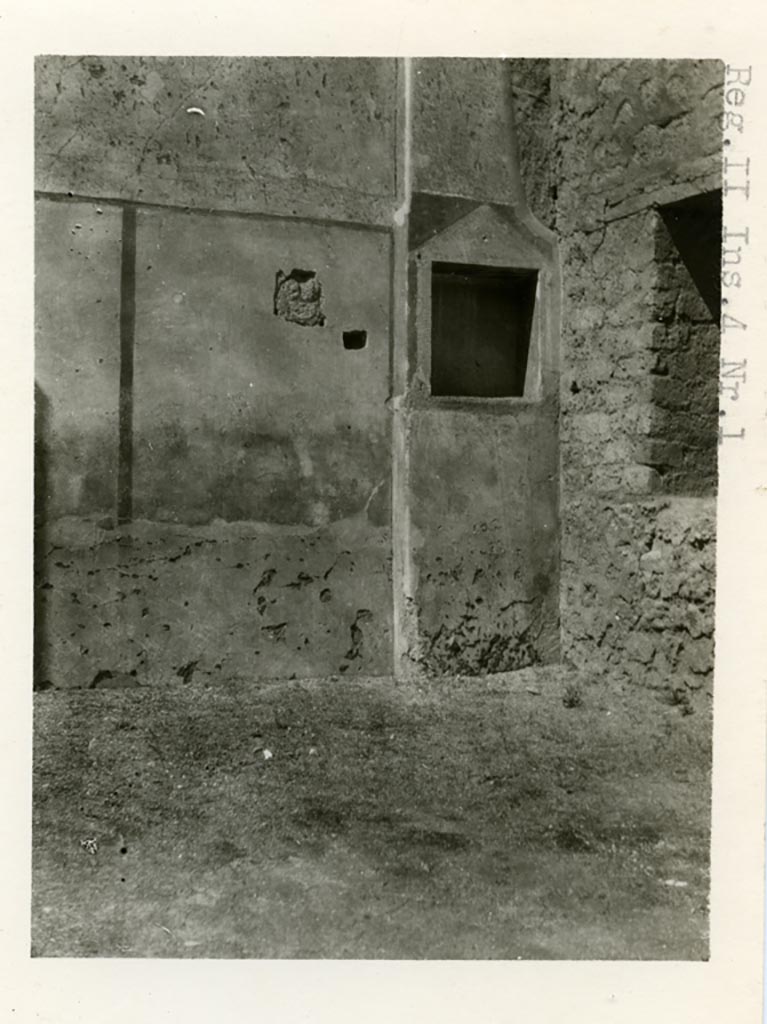 III.4.1 Pompeii but listed as II.4.1 on photo. Pre-1937-39. 
Looking towards north-west corner and niche with pediment.
Photo courtesy of American Academy in Rome, Photographic Archive. Warsher collection no. 1573.
