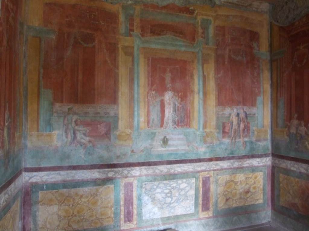 III.4.b. Pompeii.  March 2009. Room 3.  Oecus.  North wall.   Wall painting of part of a performance of Euripides “Iphigenia in Tauris”.