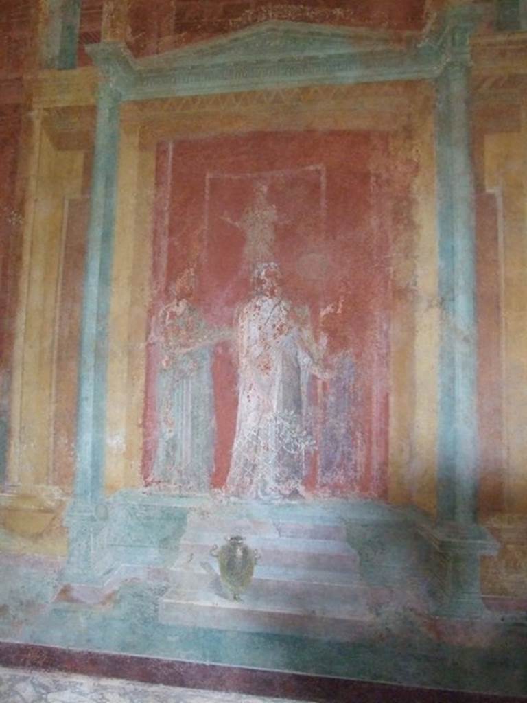 III.4.b. Pompeii.  March 2009. Room 3.  Oecus.  North wall.   Detail of remains of wall painting of Iphigenia and her attendants.