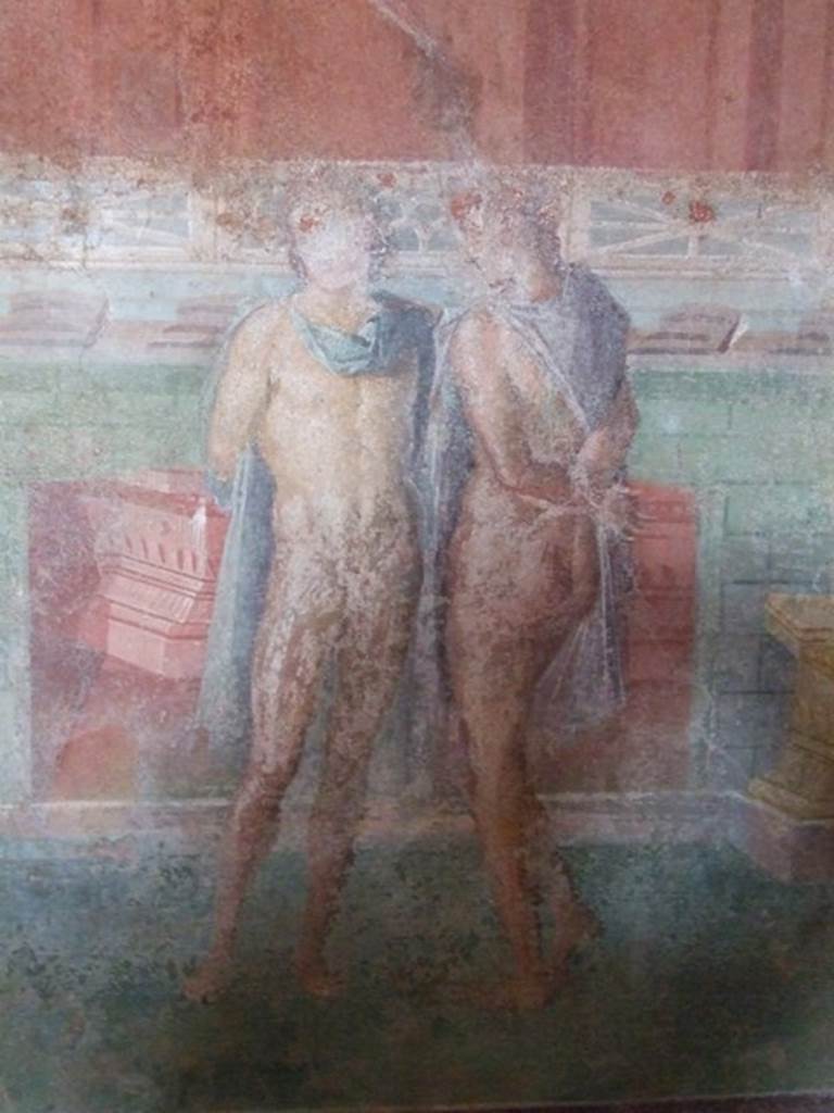 III.4.b. Pompeii.  March 2009. Room 3.  Oecus.  North wall.  Detail of Orestes and Pylades, prisoners with bound hands.