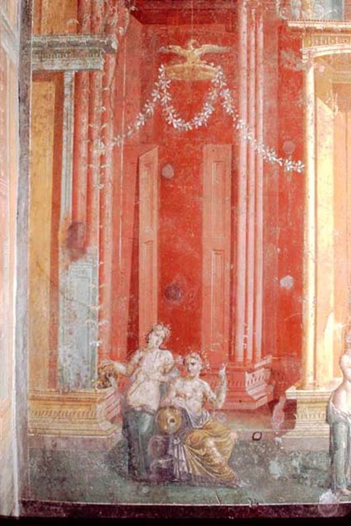 III.4.b Pompeii. 1968. Room 3, east wall of oecus. 
Detail of wall painting of two figures in conversation.
One possibly may be the river god Sangarius, father of Sangaritide.
Photo by Stanley A. Jashemski.
Source: The Wilhelmina and Stanley A. Jashemski archive in the University of Maryland Library, Special Collections (See collection page) and made available under the Creative Commons Attribution-Non Commercial License v.4. See Licence and use details.
J68f0342
