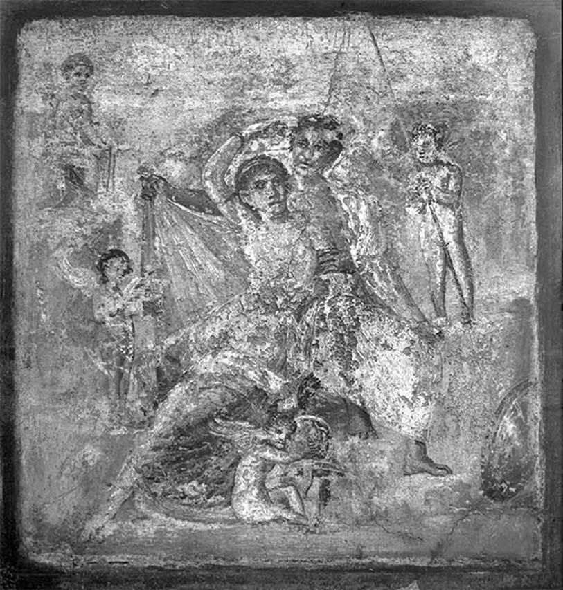 V.1.18 Pompeii. 19th century photograph of painting of Mars and Venus. 
Exedra “o” on north side of peristyle. North wall.  
