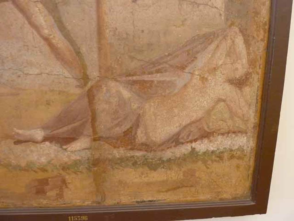 V.1.26 Pompeii. May 2010. Room “o”, east wall of triclinium.
Detail of Ariadne sleeping on a bed of roses and white flowers. 
When the painting was excavated the gilding of her chain and ankle bands was still visible.
Now in Naples Archaeological Museum. Inventory number 115396.

