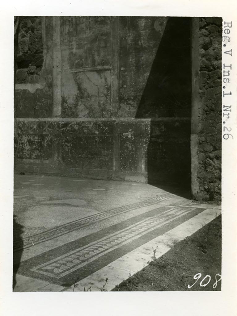 V.1.26 Pompeii. Pre-1937-39. 
Room “o”, looking north-east across mosaic floor in triclinium towards east wall and south-east corner.
Photo courtesy of American Academy in Rome, Photographic Archive. Warsher collection no. 908.

