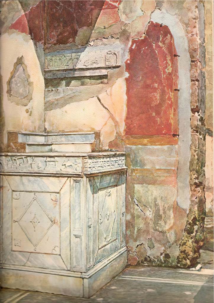 V.1.26 Pompeii. Lararium in north-west corner of atrium. The upper marble relief which was stolen in 1975.
It was discovered in 2023 in a residential house in Belgium. It had been sold to a Belgian family as a souvenir whilst they were on holiday in 1975. 
It was displayed set in the wall above the stairs to the basement of their house for over 50 years.
Following an investigation by Belgian Judicial police, and a visit by a delegation from Pompeii to confirm it is the original marble relief, it is hoped it will return to Pompeii.
See https://www.thehistoryblog.com/archives/69083
