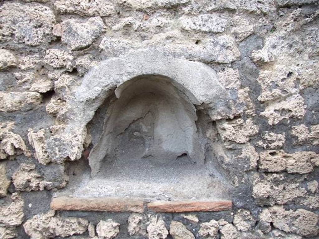 V.2.9 Pompeii. March 2009.  Small niche Lararium on west wall. According to Boyce, this arched niche was described by Sogliano as la nicchietta dei Penati, in Not.Scavi, 1896, 437.
See Boyce G. K., 1937. Corpus of the Lararia of Pompeii. Rome: MAAR 14. (p. 34). 
