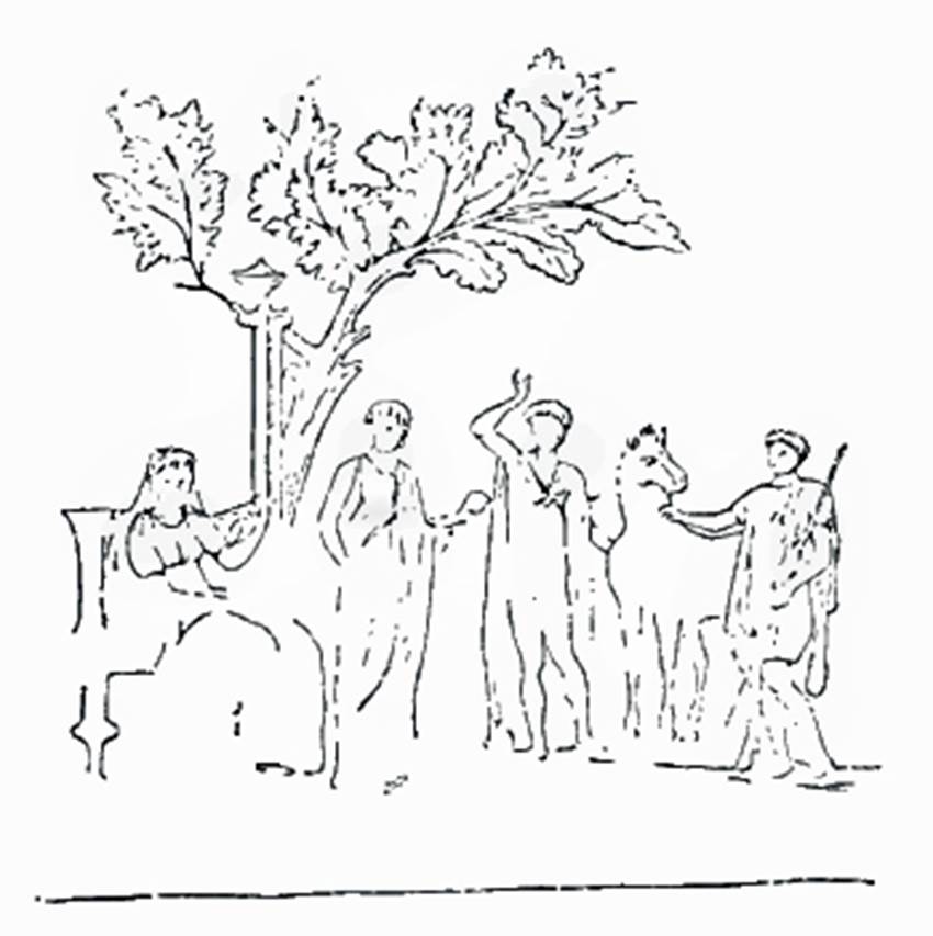 V.2.10 Pompeii. Room 3, tablinum, east wall. 1890 drawing of painting of Phaedra and Hippolytus. See Mitteilungen des Kaiserlich Deutschen Archaeologischen Instituts, Roemische Abtheilung Volume XXVI, 1890, p. 260.