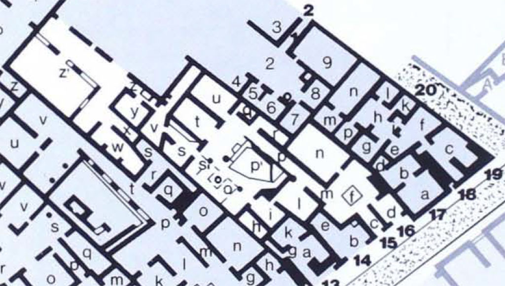 V.2.15 Pompeii. Plan as shown in PPM.
See Carratelli, G. P., 1990-2003. Pompei: Pitture e Mosaici, Vol. III. Roma: Istituto della enciclopedia italiana, p. 855.

V = our room 10
W = our room 11e
X = our room 11d
X1 = not shown
Y = our room 11b
Z = our room 11a
Z1= our room 11c
(Note: the latest excavation (2018-19) now recognises the rooms 11a to 11e (PPM W to Z1) of this house and peristyle as belonging to the separate Casa di Orione/House of Orion entered from the Vicolo dei Balconi.)
