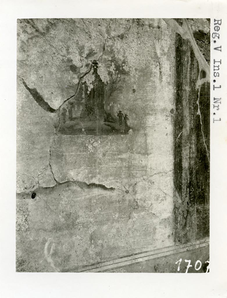 V.2.g Pompeii, although numbered as V.1.1. Pre-1937-39. 
Room ‘e’, detail from central painting on north wall, showing a rural shrine.
Photo courtesy of American Academy in Rome, Photographic Archive. Warsher collection no. 1707.
