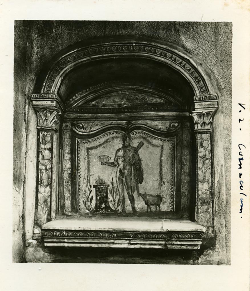 V.2.h Pompeii. Pre 1937-39. Lararium niche painting in north wall of area ‘k’.  
Photo courtesy of American Academy in Rome, Photographic Archive. 
Warsher collection no. 962a.
