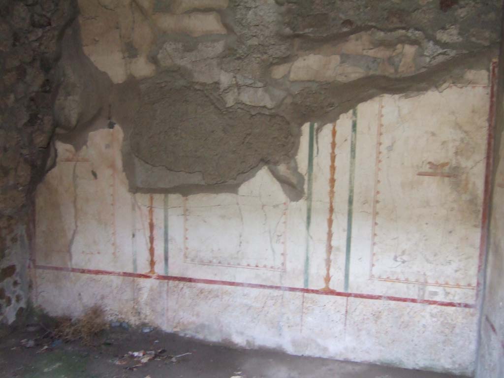 V.2.h Pompeii. December 2005. Cubiculum ‘b’, remains of painted decoration on the north wall.
According to Spano, when excavated the walls of this room were described as having a complete white background.
Each wall was split into three rectangular compartments, separated by yellow candelabra and green bands, and a bird in the centre of each division. 
The upper frieze was almost entirely destroyed but was probably decorated with the usual bands and arabesques.
The lower part of the wall was decorated with squares of small specks of various colours, imitating marble.
The floor was of mortar with numerous marble stones set into it.
Found in this room on September 28th 1907 were three bone cylinders perhaps furniture hinges, together with three nails, a ring, and a type of small ferrule, all in bronze.
See Spano in Notizie di Scavi di Antichità, 1910, p.329 where it is referred to as ‘c’.
