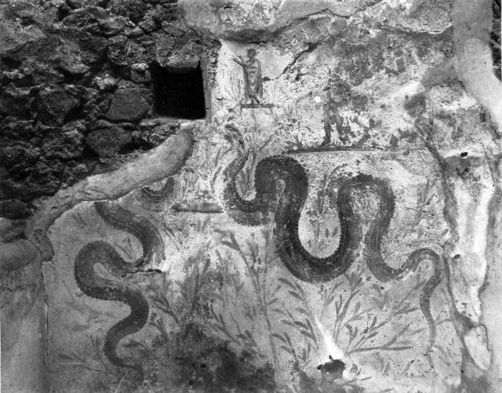 V.2.h Pompeii. c.1930s photograph by Tatiana Warscher. Lararium on south wall of kitchen ‘p’. 
The square niche had its walls painted with white stucco outlined in red and decorated with red spots.
Painted on each side of the niche were the figures of the sacrificing scene, but the plaster on the left had fallen.
On the right could be seen the tibicen, the Lar, and beyond him, a boy leading a hog decorated with a red band.
Further to the right, there may have been a further serpent.
In the lower zone, two huge serpents rose more or less vertically on each side of a cylindrical altar, painted in red and yellow imitation marble.
See Boyce G. K., 1937. Corpus of the Lararia of Pompeii. Rome: MAAR 14. (p.37, no.107, Pl.17,2) 
