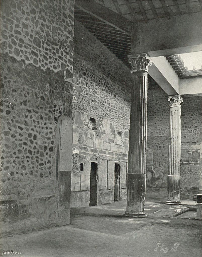 V.2.i Pompeii. c.1908-1909. Looking south-east across atrium from entrance corridor.
According to Sogliano –
“It is true that since 1893 the capitals and sections of the four columns of the tetrastyle atrium of this house, which are amongst the tallest found in Pompeii, measuring 7.12m, were collected and relocated in situ; but from that time to 1907 it was necessary to suspend any further excavation in this part of the ancient city, since the adjoining land had not yet returned to the possession of the Administration.
Having restored those lands to us, I set my hand to the excavation of the noble house, and proceeded at the same time to restore the peristyle, the alae, and the oecus corinthium.
I mentioned this in my past report, promising that I would redo the roof of the great tablinum and proceed to restore the majestic tetrastyle atrium.”
See Sogliano, A., 1909. Dei lavori eseguiti in Pompei dal i Luglio 1908 a tutto Giugno 1909. Napoli: d’Auria, (p.15/16, fig.2).

