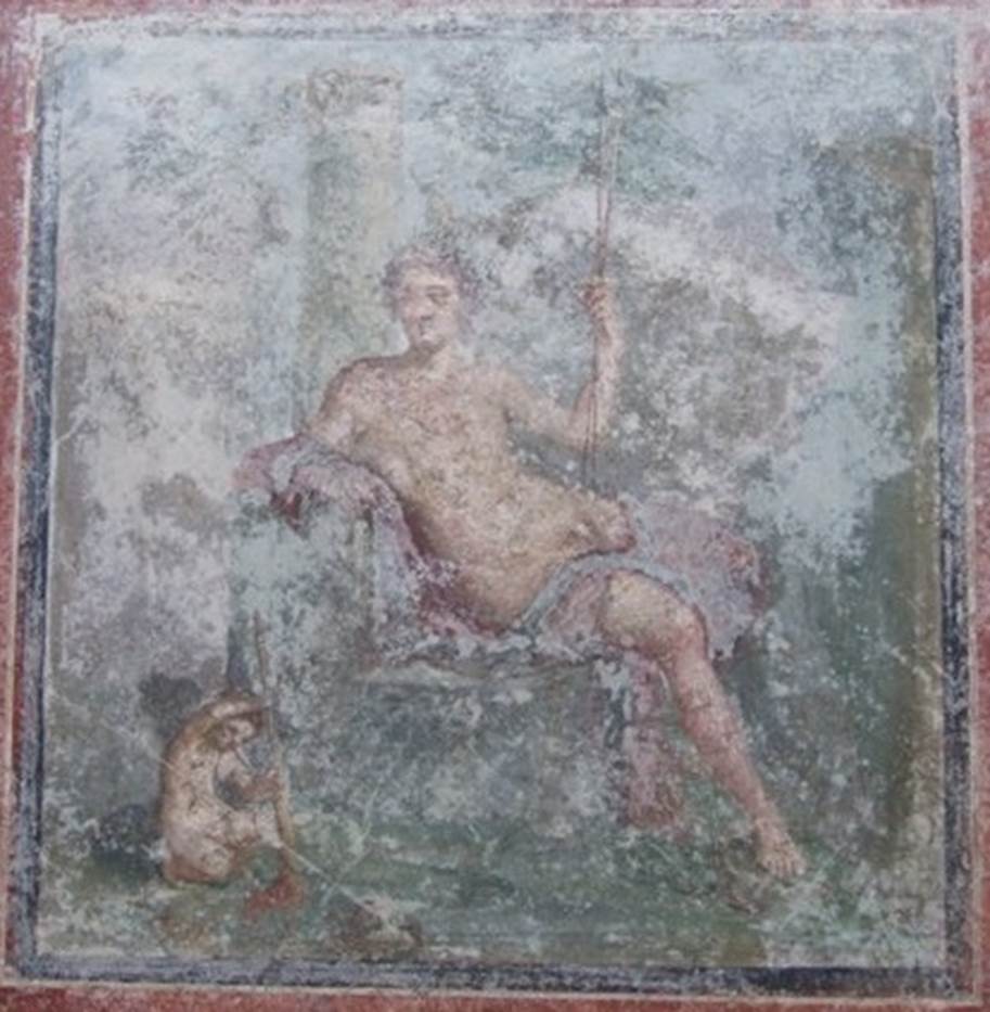V.3.6 Pompeii. March 2009. Triclinium. West wall.  Central wall painting of Narcissus, sitting on a podium and leaning towards a column.