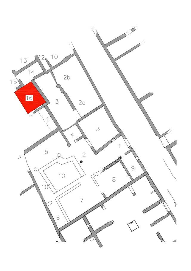 V.3.12 Pompeii. August 2022. New outline plan by Parco Archeologico di Pompeii.
Rooms 1, 2a, 2b, 3 are part of V.3.13 Casa del Larario. 
Rooms 1 to 10 below it are in V.3.12 House of M. Samellius Modestus or Casa della Duchessa d'Aosta.
Rooms 10- 16 above are part of a separate house (see V.3.14) to the north of the Casa del Larario.
Photograph © Parco Archeologico di Pompei.

