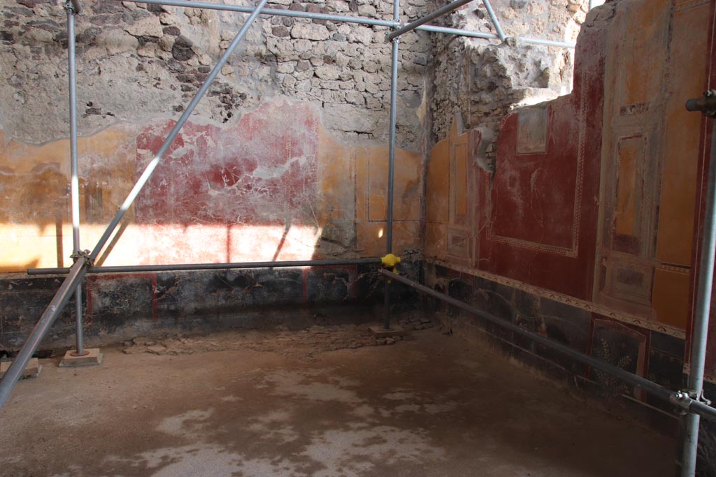 V.3 Pompeii. Casa del Giardino. January 2019. 
Room 1, south wall, west end. A tripod is on the floor.
Ambiente 1, parete sud, estremità ovest. Un treppiede è sul pavimento.
Photograph © Parco Archeologico di Pompei.
