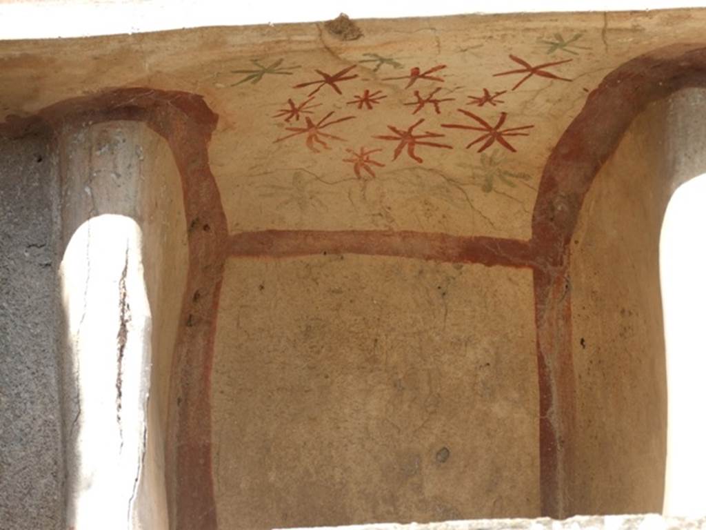 V.4.9 Pompeii. March 2009. Lararium niche with painted ceiling of red and green star-like ornaments.