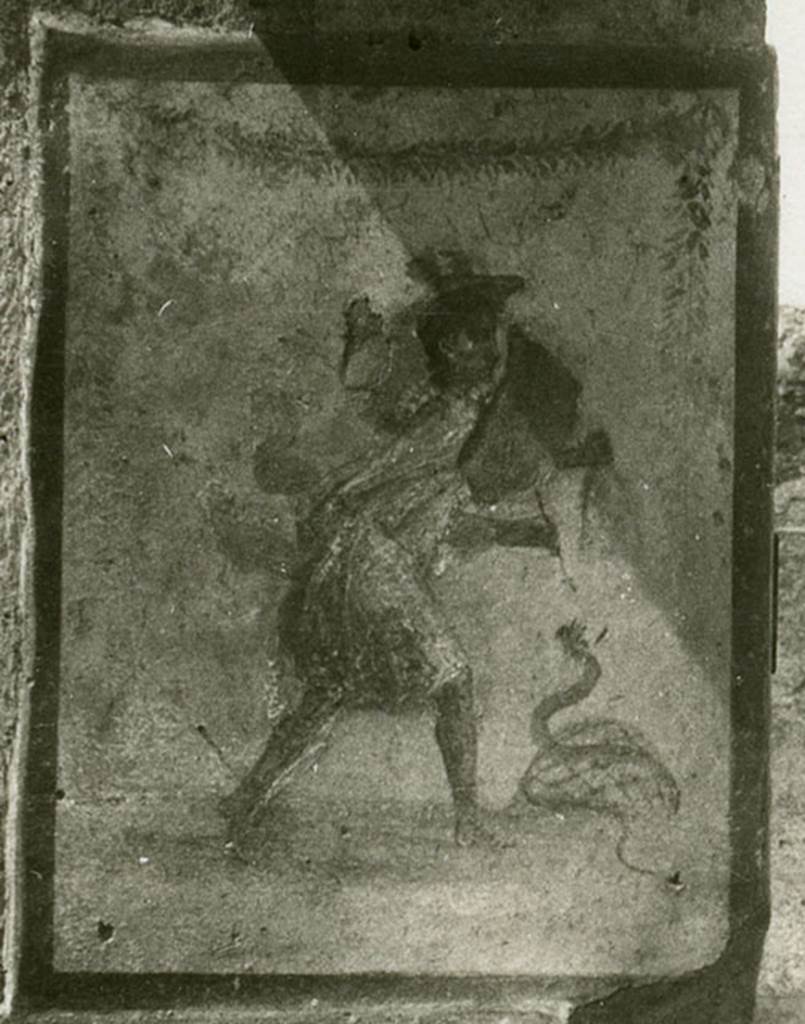 V.4.13 Pompeii. 1937-39. Mercury painting on south entrance pillar.
Photo courtesy of American Academy in Rome, Photographic Archive. 
Detail from Warsher collection no. 700.
