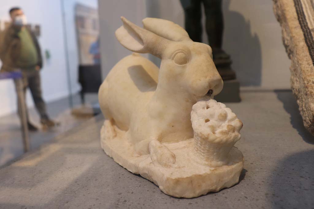 V.6.7 Pompeii. February 2021. Marble rabbit, found in front of a fountain in a house on Via del Vesuvio, on display in Antiquarium. 
Photo courtesy of Fabien Bièvre-Perrin (CC BY-NC-SA).
