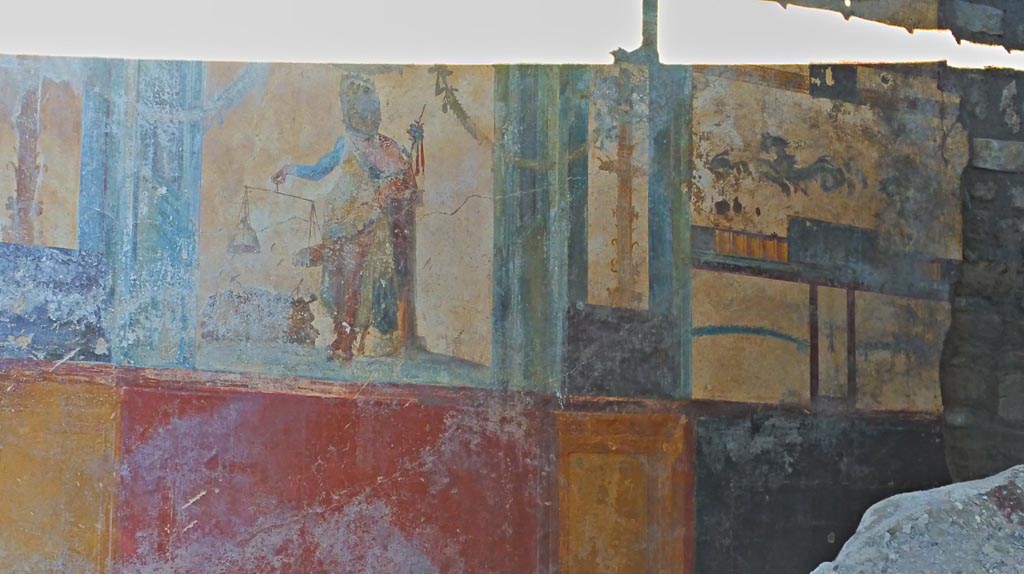 V.6.12 Pompeii. October 2020. Detail of painted upper north wall of entrance fauces/corridor. Photo courtesy of Klaus Heese.